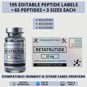 Modello di etichette per peptidi, 65 nomi di peptidi, 3 dimensioni, modello di etichetta per fiale modificabile su Canva, 195 etichette in formato digitale da scaricare.