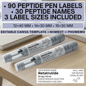 Puede incluir: Un juego de 90 etiquetas para plumas de péptidos con 30 nombres de péptidos en 3 tamaños: 12x40 mm, 14x30 mm y 15x30 mm. Plantilla de Canva editable compatible con impresoras Niimbot y Phomemo, con el texto Retratrutide 10 mg/0,5 mL.