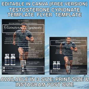 Puede incluir: Plantilla de folleto en blanco y negro para la terapia con cipionato de testosterona, con un hombre corriendo. El folleto incluye texto sobre los beneficios de la terapia, como el apoyo a la energía y la vitalidad. Disponible en tamaños de impresión y publicación en Instagram.