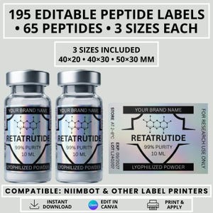 Puede incluir: Dos viales de vidrio transparente con tapas plateadas y etiquetas holográficas con el texto RETATRUTIDE, 99% PURITY, 10 ML y LYOPHILIZED POWDER. Se muestra una etiqueta rectangular a juego. Texto: 195 EDITABLE PEPTIDE LABELS, 40x20, 40x30, 50x30 MM.