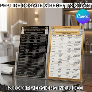 May include: Two information charts, one black and one gold, detailing peptide dosage and benefits. The charts, titled "Peptide Quick Reference Chart," list peptides, their uses, typical doses, and key benefits. The text "2 COLOR VERSIONS INCLUDED" is at the bottom.