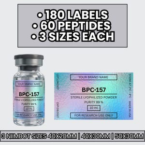 May include: A clear glass vial with a silver cap and a label that reads "BPC-157 Sterile Lyophilized Powder, Purity 99%, 10 ml, For Research Use Only." A matching label is next to it. Text above reads "180 Labels, 60 Peptides, 3 Sizes Each."