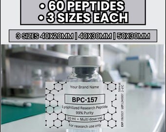 Pacchetto di modelli per etichette di peptidi, etichette Niimbot, etichette di peptidi modificabili con Canva, modello di adesivo per fiale, etichette per fiale di ricerca, etichette per flaconi da laboratorio