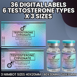 Könnte beinhalten: Bild von digitalen Etiketten und Fläschchen. Die Etiketten tragen die Aufschrift "TESTOSTERONE CYPIONATE" mit Details wie "250 mg/ml • 10 ml" und "PURITY 99%." Die Fläschchen haben blaue Kappen. Der Text oben lautet "36 DIGITALE ETIKETTEN 6 TESTOSTERON-TYPEN X 3 GRÖSSEN."