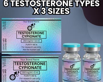 Modello di etichetta per fiala di testosterone, modello Canva per clinica TRT, etichette termiche NIIMBOT, design di adesivo medico modificabile, kit per terapia ormonale