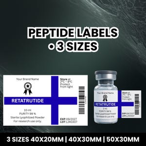 May include: Image of peptide labels with the text "PEPTIDE LABELS • 3 SIZES." The labels are white with blue cross designs and text, including "RETATRUTIDE." The image also shows a vial with a label and the text "3 SIZES 40X20MM | 40X30MM | 50X30MM."