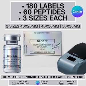 Puede incluir: Una plantilla digital para 180 etiquetas, 60 péptidos y 3 tamaños cada una: 40x20mm, 40x30mm y 50x30mm. Incluye un vial de vidrio con una etiqueta holográfica BPC-157, una etiqueta rectangular a juego y una impresora Niimbot. Texto: BPC-157, Lyophilized Powder, 99% Purity, 10 mg, For Research Use Only.