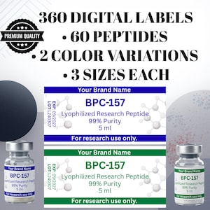 May include: Image features vials of BPC-157 lyophilized research peptide with 99% purity, 5 ml. The labels are in blue and green, with text indicating the brand name and "For research use only." The image also includes text: "360 Digital Labels, 60 Peptides, 2 Color Variations, 3 Sizes Each."