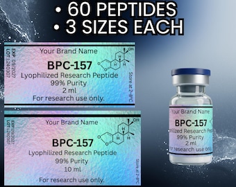 60 Peptide Label Templates for Niimbot M2 B21 B1 ,Editable Canva Design, 3 Sizes: 40x20mm,40x30mm,50x30mm ,Holographic Medical Vial Stickers