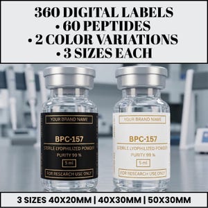 May include: Two glass vials with silver caps and labels. The labels read "YOUR BRAND NAME", "BPC-157 STERILE LYOPHILIZED POWDER PURITY 99% 5 ml", and "FOR RESEARCH USE ONLY". The image also includes text: "360 DIGITAL LABELS, 60 PEPTIDES, 2 COLOR VARIATIONS, 3 SIZES EACH".