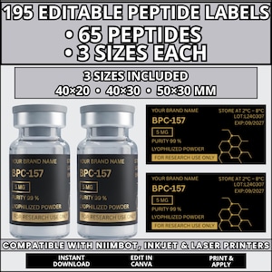 May include: A digital template for 195 editable peptide labels featuring 65 unique designs in three sizes: 40x20, 40x30, and 50x30 mm. The labels are black with gold text, displaying BPC-157, 5 mg, purity 99%, and research use only text.