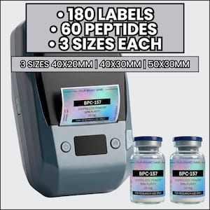 May include: A portable label printer displaying a holographic label with the text BPC-157, Lyophilized Powder, 99% Purity, 10 mg, For Research Use Only. Two matching glass vials with blue caps sit nearby. Text indicates 180 labels, 60 peptides, 3 sizes 40x20mm, 40x30mm, 50x30mm.