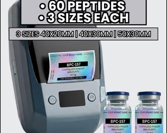 Etichette per peptidi, Etichetta Niimbot M2, Etichetta Niimbot M3, Etichette per fiale, 60 peptidi, 180 modelli, 40 x 20 mm, 40 x 30 mm, 50 x 30 mm, Modello Canva
