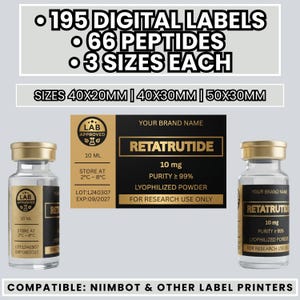 Könnte beinhalten: Ein digitales Etikettenset für 66 Peptide in 3 Größen: 40x20mm, 40x30mm und 50x30mm. Die schwarz-goldenen Etiketten zeigen den Text RETATRUTIDE, 10 mg, Reinheit 99% und nur für Forschungszwecke. Zwei Glasfläschchen mit Goldkappen. Kompatibel mit Niimbot-Druckern.