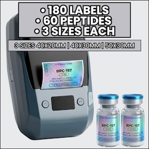 May include: A dark blue portable label printer printing a holographic label with the text BPC-157 10 MG, 99% PURITY, LYOPHILIZED POWDER, FOR RESEARCH USE ONLY. Includes 180 labels, 60 peptides, 3 sizes each: 40x20mm, 40x30mm, and 50x30mm. Two glass vials included.