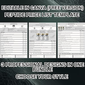 May include: A template for a peptide price list, featuring three different designs. The text includes "Editable in Canva" and "Choose Your Style". The design includes product names, sizes, and prices.