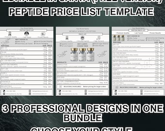 Pacchetto listino prezzi peptidi, 3 modelli Canva modificabili, foglio prezzi digitale, menu medico e benessere, kit di marketing per integratori.