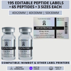 Puede incluir: Una plantilla digital de 195 etiquetas de péptidos editables para 65 péptidos en tres tamaños: 40x20mm, 40x30mm y 50x30mm. El diseño incluye un fondo holográfico, un icono de cinta y texto para Retatrutide 10mg/10mL, compatible con impresoras Niimbot.