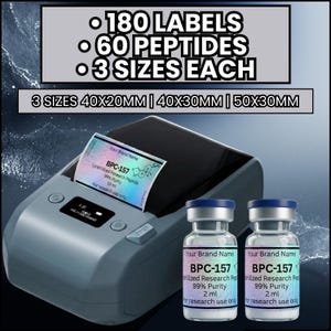 60 peptidelabelsjablonen voor Niimbot M2 B21 B1, bewerkbaar canvasontwerp, 3 maten: 40 x 20 mm, 40 x 30 mm, 50 x 30 mm, holografische stickers medische flacon