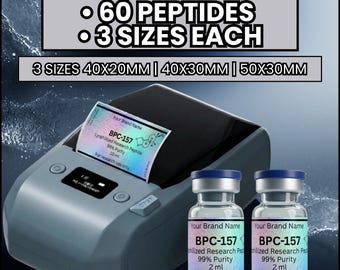 60 Peptide Label Templates for Niimbot M2 B21 B1 ,Editable Canva Design, 3 Sizes: 40x20mm,40x30mm,50x30mm ,Holographic Medical Vial Stickers