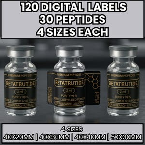 May include: Three glass vials with black and gold labels, each containing "RETATRUTIDE" and other text. The labels also state "2 ml" and "Purity 99%." The image includes the text "120 DIGITAL LABELS 30 PEPTIDES 4 SIZES EACH" and "4 SIZES 40X20MM | 40X30MM | 40X40MM | 50X30MM."