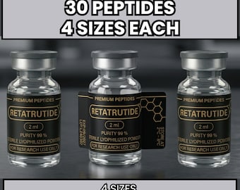 Modelli di etichette per peptidi, etichette per fiale modificabili con Canva, pacchetto di adesivi termici NIIMBOT, etichette per flaconi di ricerca, 30 nomi di peptidi