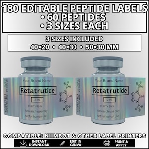 May include: Two glass vials with grey caps and holographic labels featuring the text Retatrutide, 2 ml, Purity 99%, Research use only, Not for human use, and a chemical structure diagram. The image includes text for 180 editable peptide labels.