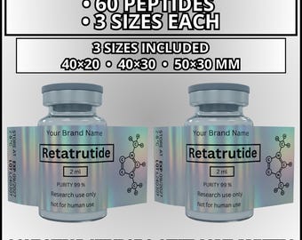 Peptide Vial Labels Niimbot 180 Canva Templates 50x30 40x30 40x20 Holographic Minimalist Lab Supply Sticker Bundle