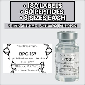 May include: Clear glass vials with silver caps, labeled with "BPC-157 Lyophilized Research Peptide 99% Purity." The image includes text stating "180 Labels, 60 Peptides, 3 Sizes Each" and label sizes of 40x20mm, 40x30mm, and 50x30mm.