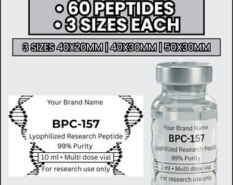 Modello di etichetta per peptidi, oltre 60 nomi, 3 dimensioni, etichette fai da te per Canva, confezionamento di peptidi per la ricerca, adesivo professionale per fiale da laboratorio, download immediato.