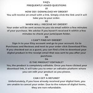 Pu&ograve; includere: Un foglio di FAQ digitale intitolato "FAQ's FREQUENTLY ASKED QUESTIONS". Fornisce risposte a domande comuni sul download, la ricezione e la modifica di prodotti digitali, e sulle politiche di rimborso. Il testo &egrave; chiaro e leggibile.