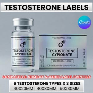 Peut inclure: Un flacon en verre transparent avec un bouchon argenté et une étiquette holographique indiquant Testosterone Cypionate 250 mg/ml 10 ml, accompagné d'une étiquette rectangulaire assortie. Le texte inclut Your Brand Name et For Intramuscular Use Only.