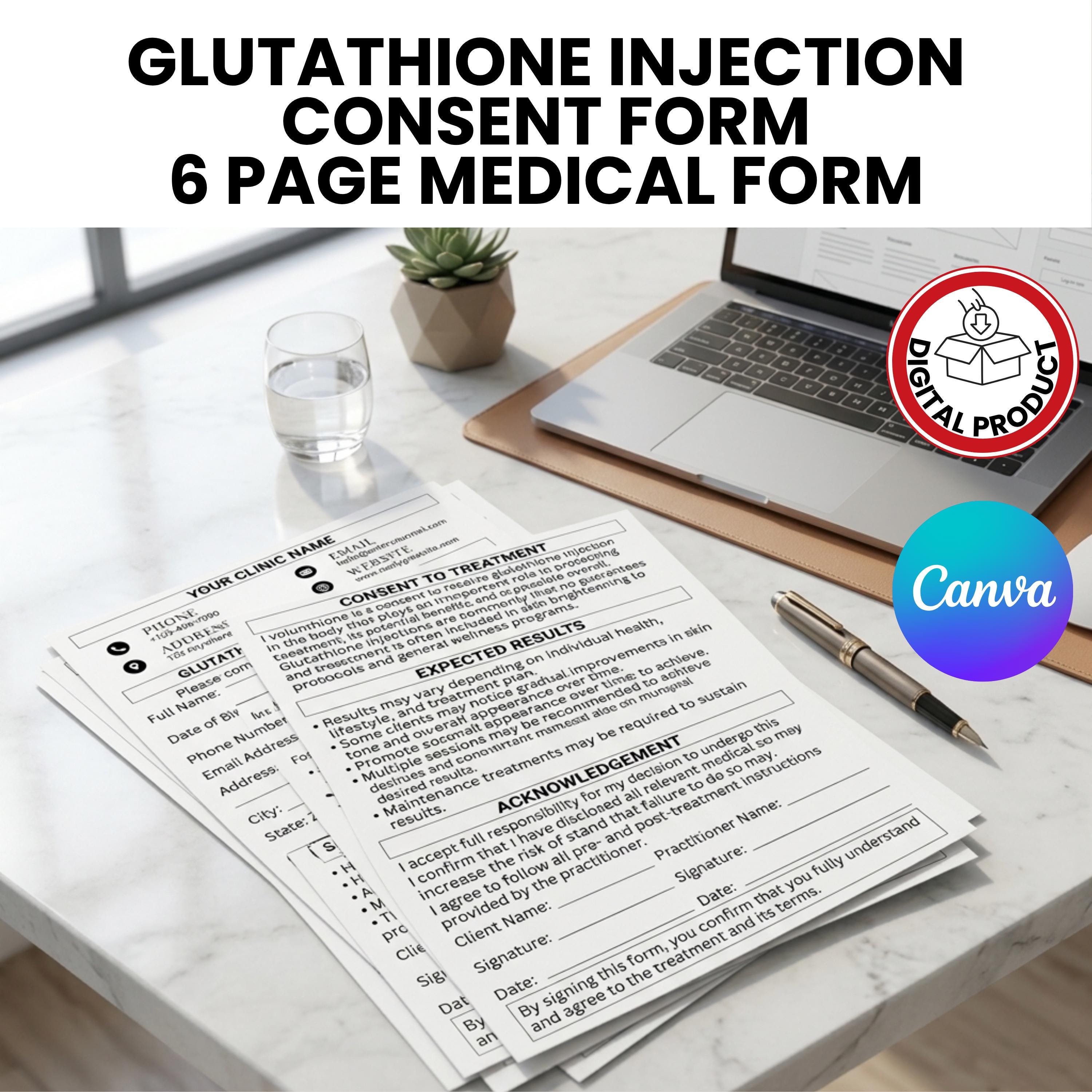 Glutathione Injection Consent Form | Medical Spa Intake Form | Editable Canva Template | Wellness Clinic Document