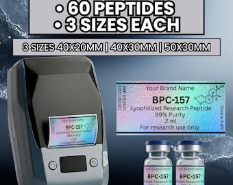 60 Peptide Label Templates for Niimbot M2 B21 B1 ,Editable Canva Design, 3 Sizes: 40x20mm,40x30mm,50x30mm ,Holographic Medical Vial Stickers