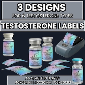May include: A collection of clear glass vials with holographic labels reading TESTOSTERONE CYPIONATE, 250 mg/ml, 10 ml, PURITY 99%, Not for human use. Includes a label printer and loose labels. Text reads 3 DESIGNS FOR 6 TESTOSTERONE TYPES and 40X20MM | 40X30MM | 50X30MM.