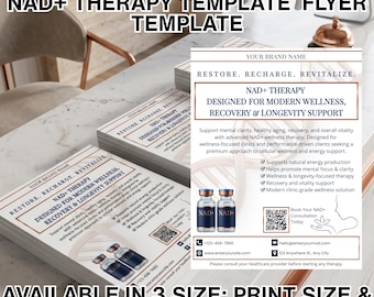 Modello per clinica di terapia NAD+, pacchetto marketing moderno per spa dedicate al benessere e alla longevità, design minimalista per volantini e post di Instagram con Canva.