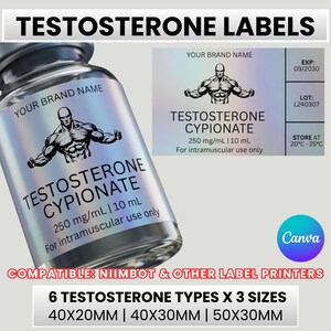 以下が含まれることがあります： 筋肉質の人物、TESTOSTERONE CYPIONATE、250 mg/mL、10 mL、For intramuscular use onlyのテキストが記載されたホログラムラベル付きのガラス瓶。EXP 09/2030、LOT L240307、保管指示が記載されたフラットなラベルデザインが含まれています。