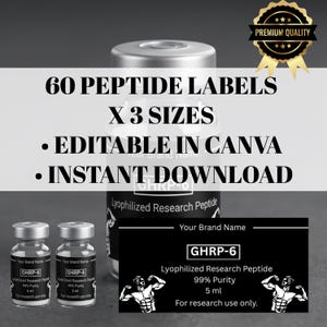 May include: An image featuring a collection of peptide labels with the text "60 PEPTIDE LABELS X 3 SIZES - EDITABLE IN CANVA - INSTANT DOWNLOAD". The labels are black and white, with the text "GHRP-6" and "Lyophilized Research Peptide".