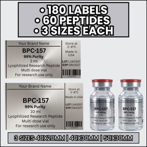 May include: Silver labels and vials of BPC-157 lyophilized research peptide. The labels display product information, including 99% purity, 2 ml and 10 ml sizes, and expiration dates. The image also shows the text: 180 labels, 60 peptides, and 3 sizes each.