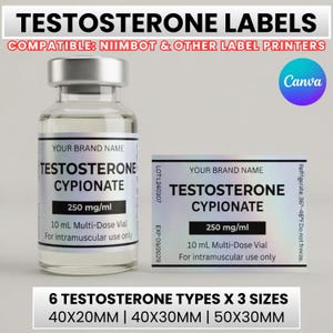 May include: A clear glass vial with a silver cap and a holographic label reading Testosterone Cypionate 250 mg/ml, alongside a matching rectangular label. The text includes Your Brand Name, 10 mL Multi-Dose Vial, and For intramuscular use only.