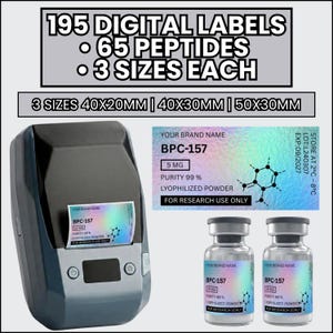 May include: A portable label printer with a holographic label featuring the text BPC-157, 5 MG, and chemical structure. Includes 195 digital labels in 40x20mm, 40x30mm, and 50x30mm sizes. Two glass vials with matching holographic labels are displayed.