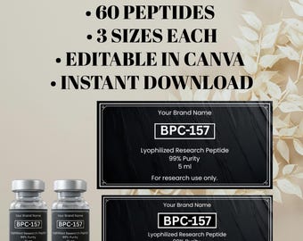 60 etichette per flaconi di peptidi, 3 formati, modello Canva modificabile (download digitale)