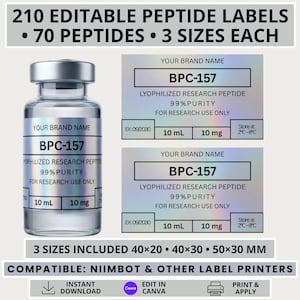 May include: A digital template for 210 editable peptide labels featuring 70 types in 3 sizes. The holographic labels display text including BPC-157, Lyophilized Research Peptide, 99% Purity, 10 mL, 10 mg, and storage instructions for 2°C-8°C.
