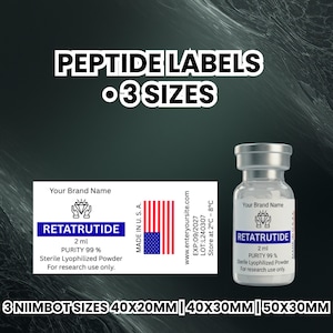 May include: Image of peptide labels with the text "PEPTIDE LABELS •3 SIZES". The image shows a vial and a label with the text "RETATRUTIDE" and "MADE IN U.S.A.". The label also includes the text "3 NIIMBOT SIZES 40X20MM | 40X30MM | 50X30MM".