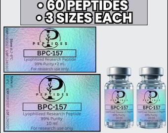 Modello di etichetta olografica per peptidi, 3 dimensioni: 50 x 30 mm, 40 x 30 mm, 40 x 20 mm, etichette minimaliste di lusso per fiale per stampanti termiche, marketing fai-da-te per centri estetici e medici.