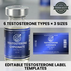 Może przedstawiać: Przezroczysta szklana fiolka ze srebrną nakrętką i niebieską etykietą. Na etykiecie napisano "Testosteron Cypionate 200 mg/ml 10 ml" i "Do stosowania domięśniowego". Obraz zawiera również szablon etykiety.