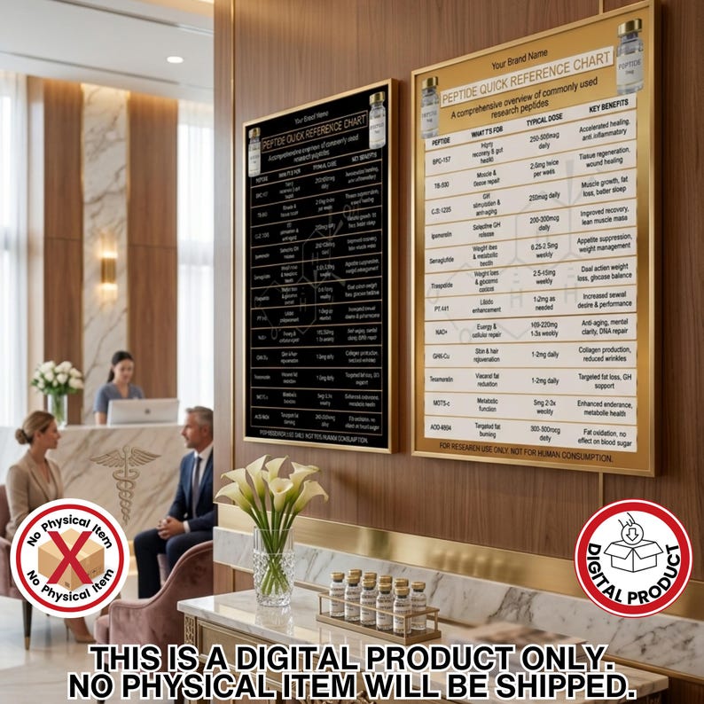 Pu&ograve; includere: Due grafici incorniciati con cornici dorate, intitolati "Peptide Quick Reference Chart", che dettagliano i peptidi di ricerca. I grafici sono esposti in un ambiente professionale, con un'etichetta di prodotto digitale e testo che indica che nessun articolo fisico verr&agrave; spedito.