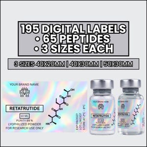 May include: Image features two small glass vials with silver caps, labeled "RETATRUTIDE" and "10 ML." The vials are accompanied by a label with the text "195 DIGITAL LABELS, 65 PEPTIDES, 3 SIZES EACH." The label also lists three sizes: 40x20mm, 40x30mm, and 50x30mm.