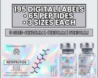 Pacchetto di 195 etichette per peptidi, etichette adesive per fiale Niimbot da 2 ml, 5 ml e 10 ml (40x20, 40x30, 50x30 mm), etichette olografiche modificabili per Canva