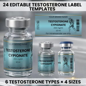 Könnte beinhalten: Drei klare Glasfläschchen mit silbernen Verschlüssen und blauen Etiketten mit dem Text Testosterone Cypionate 200 mg/ml 10 ml sowie einer Grafik einer muskulösen Figur. Das Bild enthält den Text 24 Editable Testosterone Label Templates.